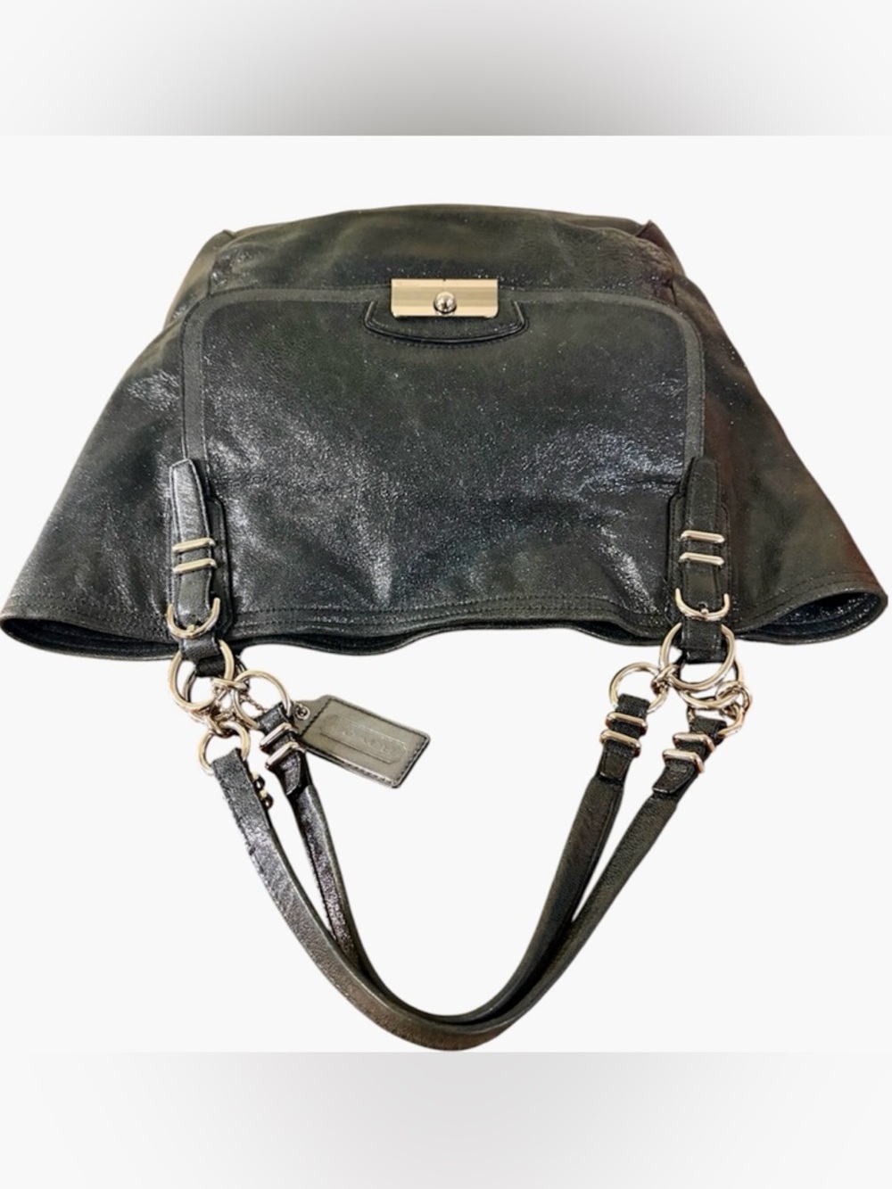 Coach Kristin Oversized Metallic Gray Leather Shoulder Bag Large Hang Tag - Picture 7 of 9